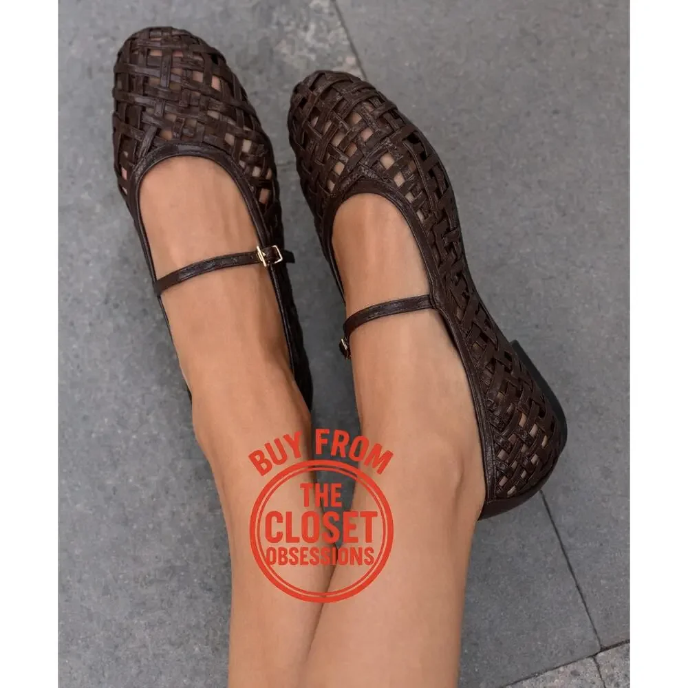 Zara Dark Brown Woven Mary Jane Flats - Picture 2 of 14